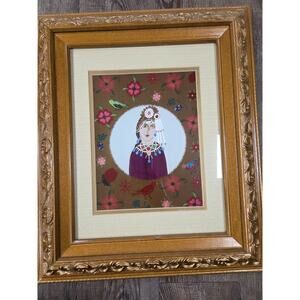 Persian Qajar Woman Ethnic Print Floral Double Mat Professionally Framed Art